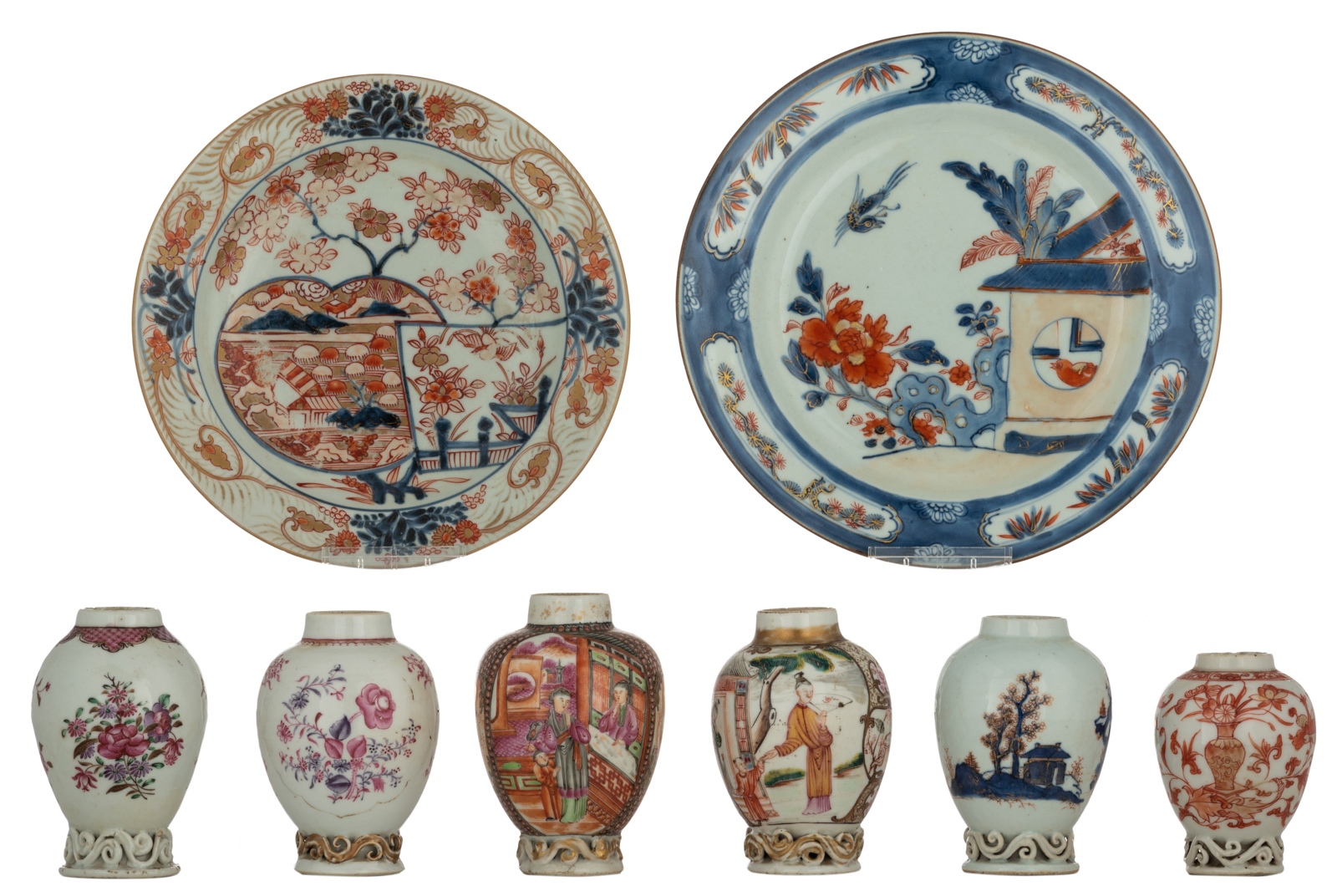 Six Chinese polychrome, iron red and famille rose tea caddies, decorated with flowers, figures and l