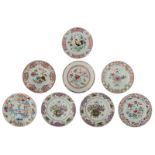 Eight Chinese famille rose export porcelain dishes, decorated with various still lifes, some with a