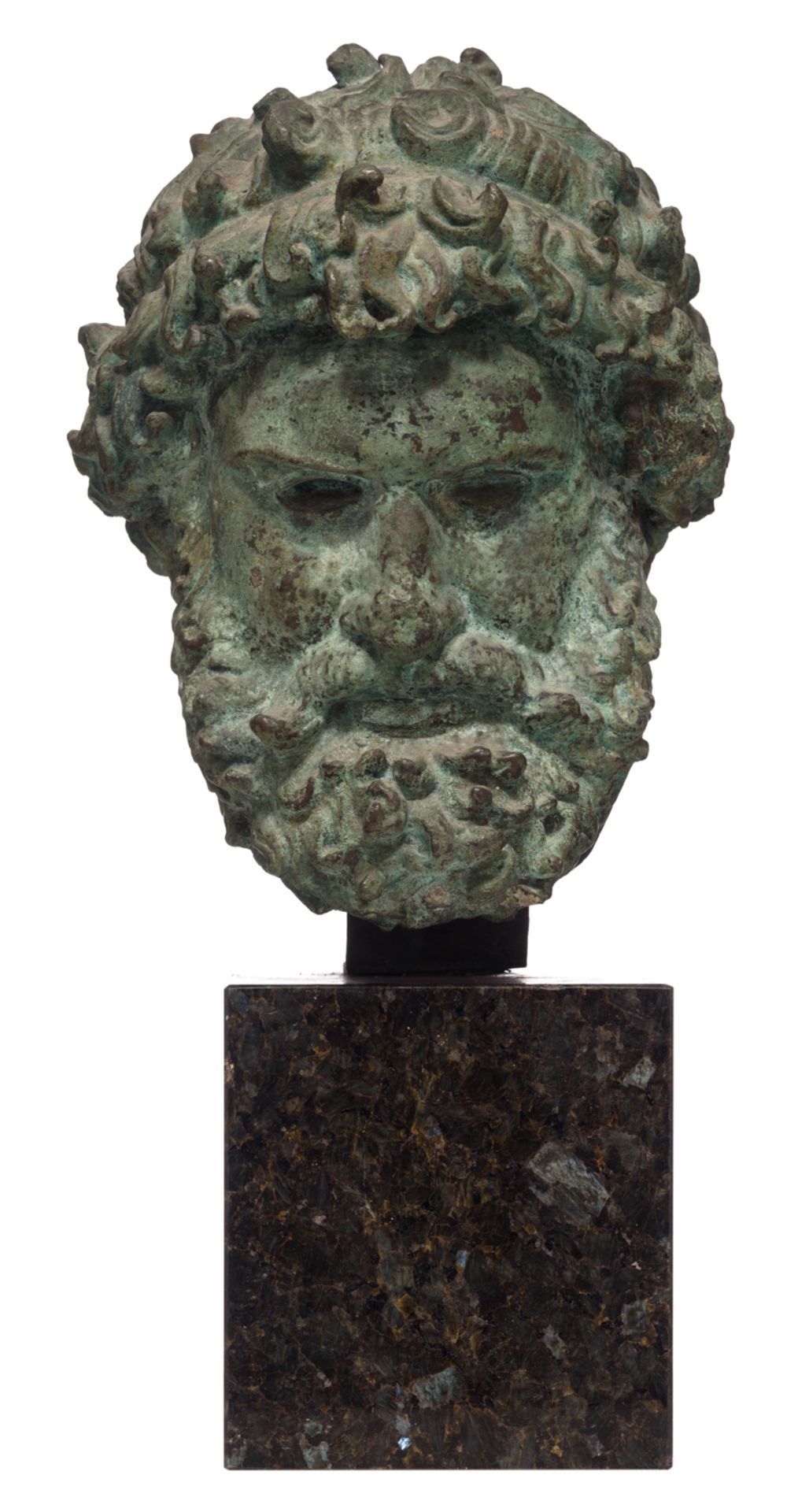 The bust of Zeus, after the Antique, green patinated bronze on a serpentine marble base, H 32 - 50 c