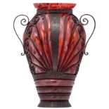 A Wiener Sezession style glass vase with wrought iron mounts, H 36 cm