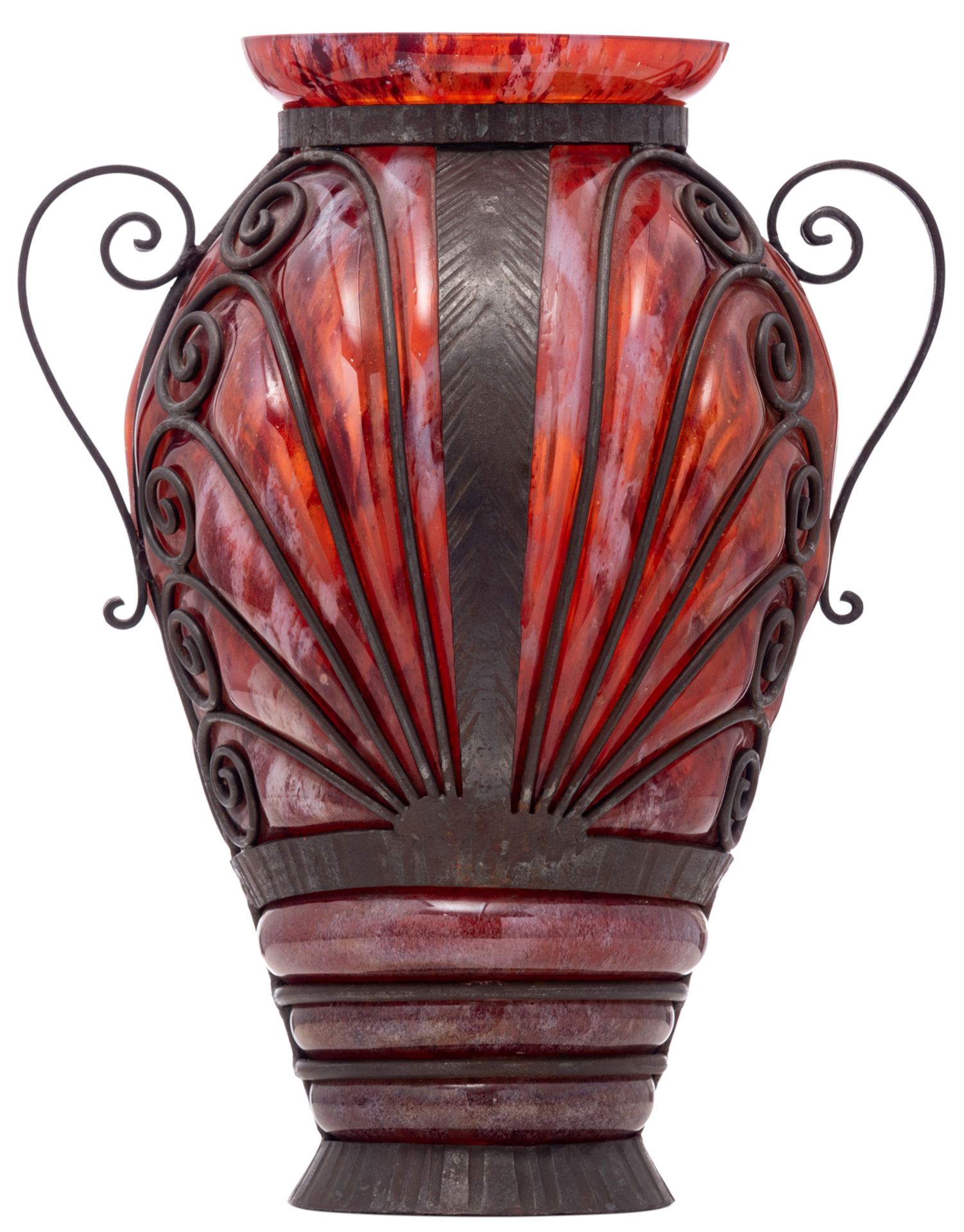 A Wiener Sezession style glass vase with wrought iron mounts, H 36 cm
