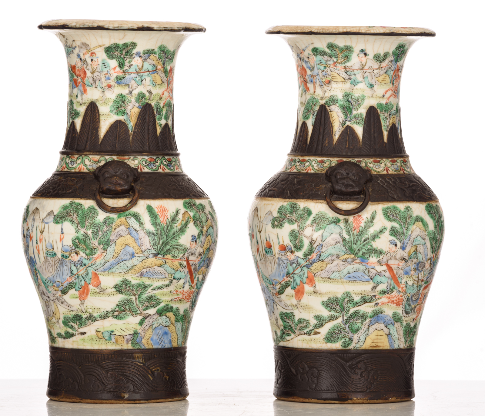 Two Chinese crackleware ground famille verte Nanking vases, all-over decorated with animated scenes - Image 4 of 8