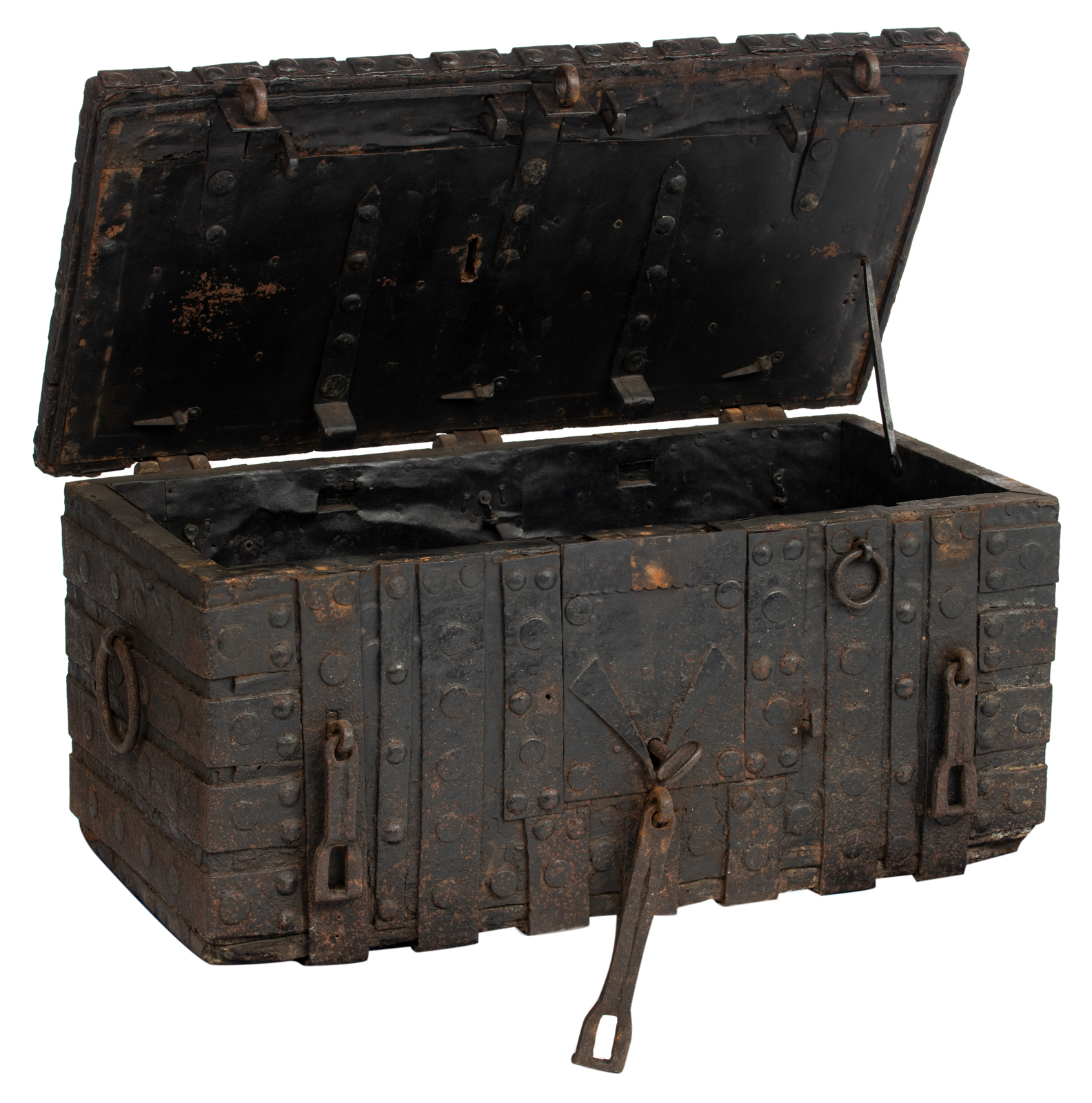 A wrought iron archive chest, 17thC, H 44 - W 100 - D 53 cm