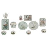 Five Chinese polychrome decorated trays, four ditto ginger jars, two ditto jugs and one food warmer,