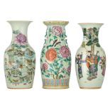 Three Chinese polychrome decorated vases; one vase with a decoration depicting 'one hundred antiquit