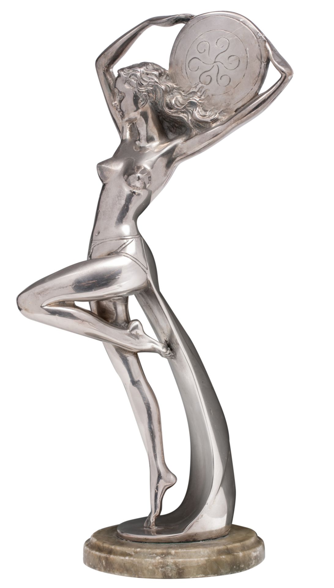 A probably Italian silver-plated Art Deco sculpture of a nude beauty holding a shield, indistinctly