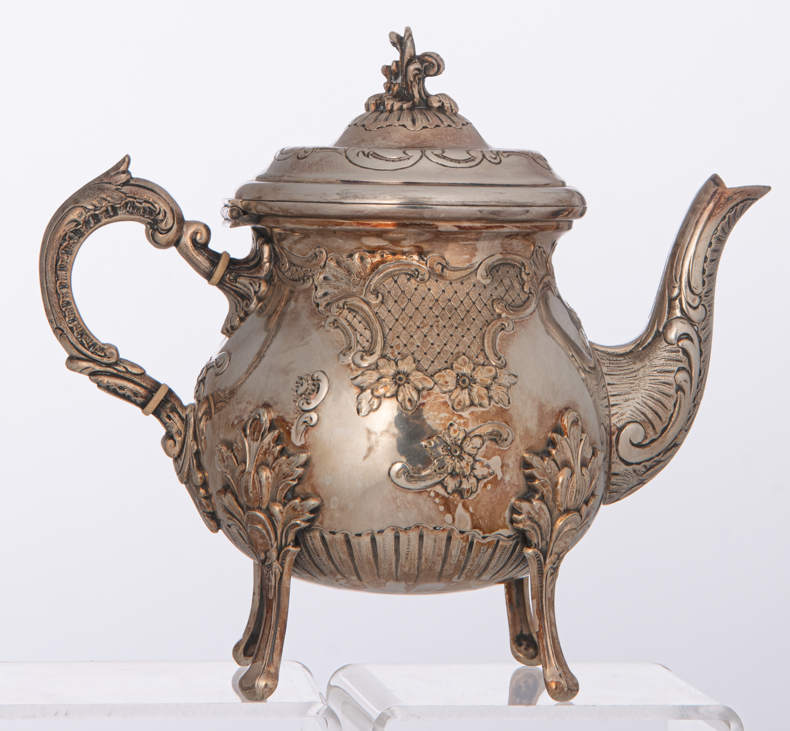 A Wiskemann marked Rococo style four-piece silver plated coffee and tea set, decorated with flower-s - Image 10 of 29