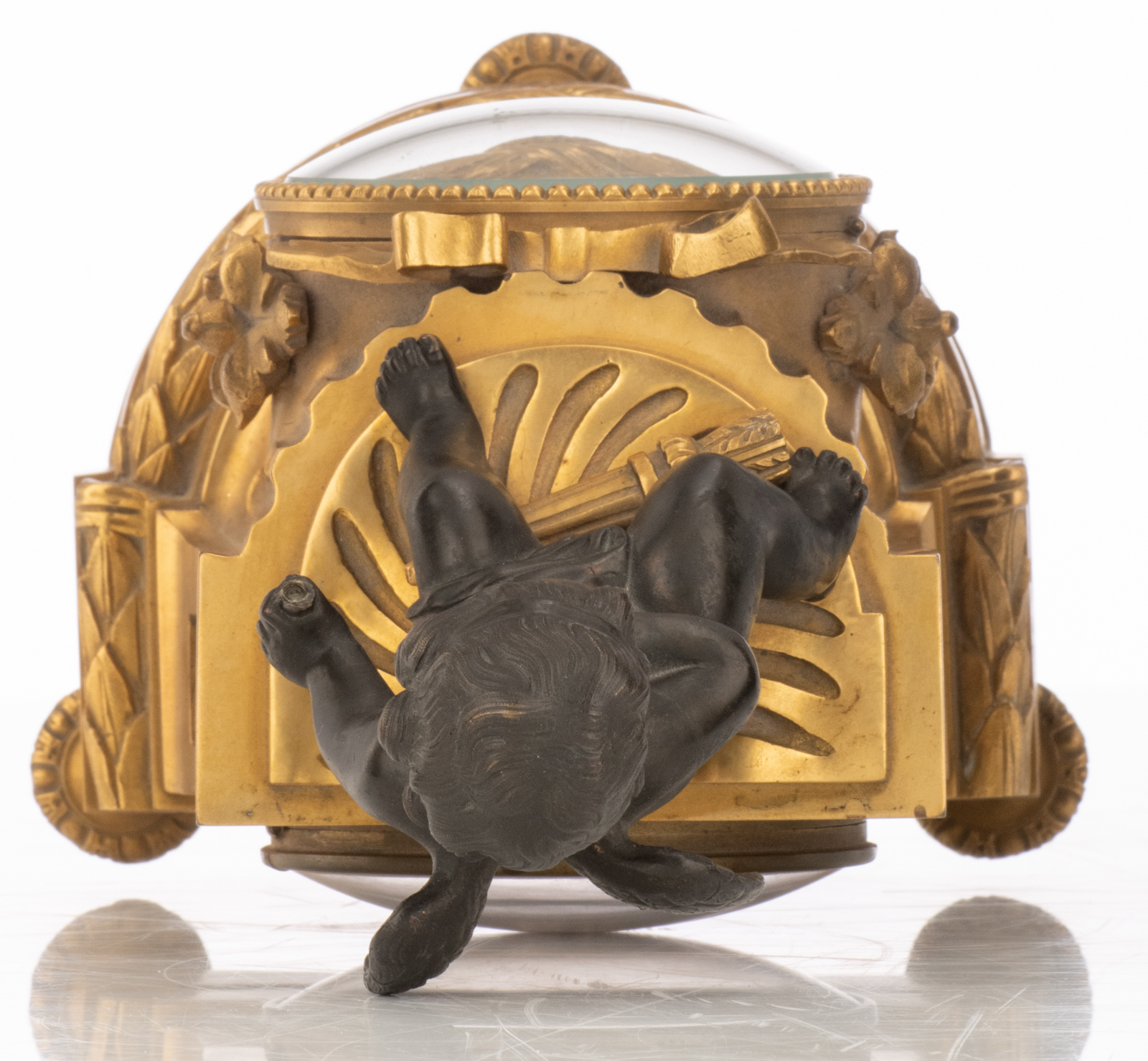 A French column-shaped gilt bronze mantle clock, with a patinated bronze amor on top, the dial marke - Image 5 of 10