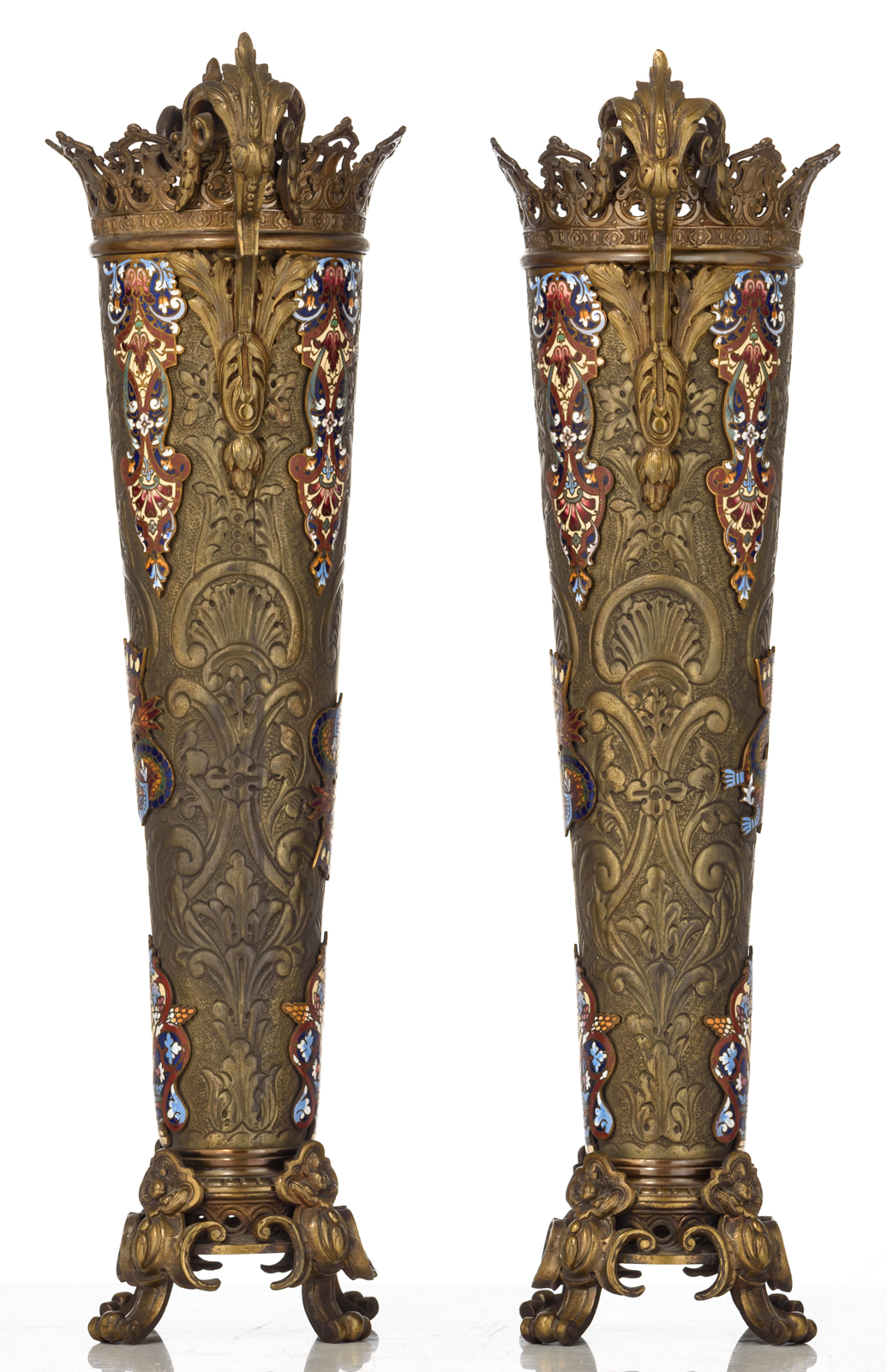 A pair of bronze Oriental-inspired champlevé vases, 19thC, H 56,5 cm - Image 4 of 5