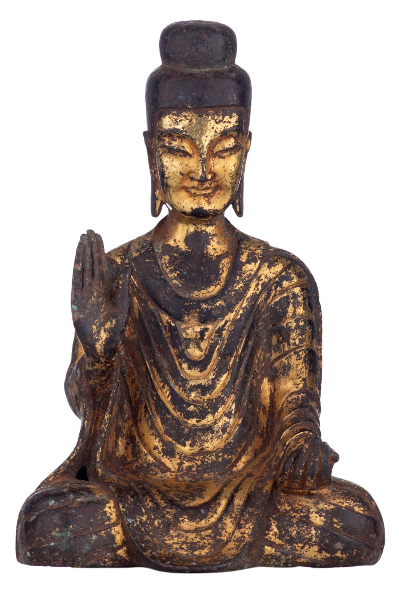 An finely cast Oriental gilt bronze figure, depicting a Buddha, seated in dhayanasana, with the righ