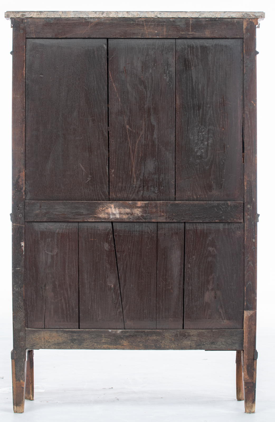 A Louis XVI walnut fall front desk, with gilt bronze mounts and a marble top, the inside with four e - Image 4 of 7