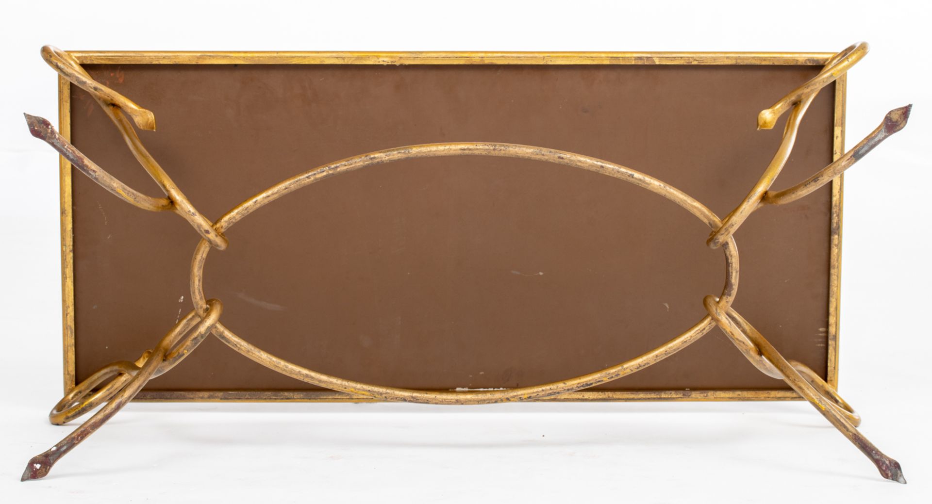 A gilt wrought iron coffee table with a mirrored top, in the manner of René Drouet, the underside of - Image 7 of 8