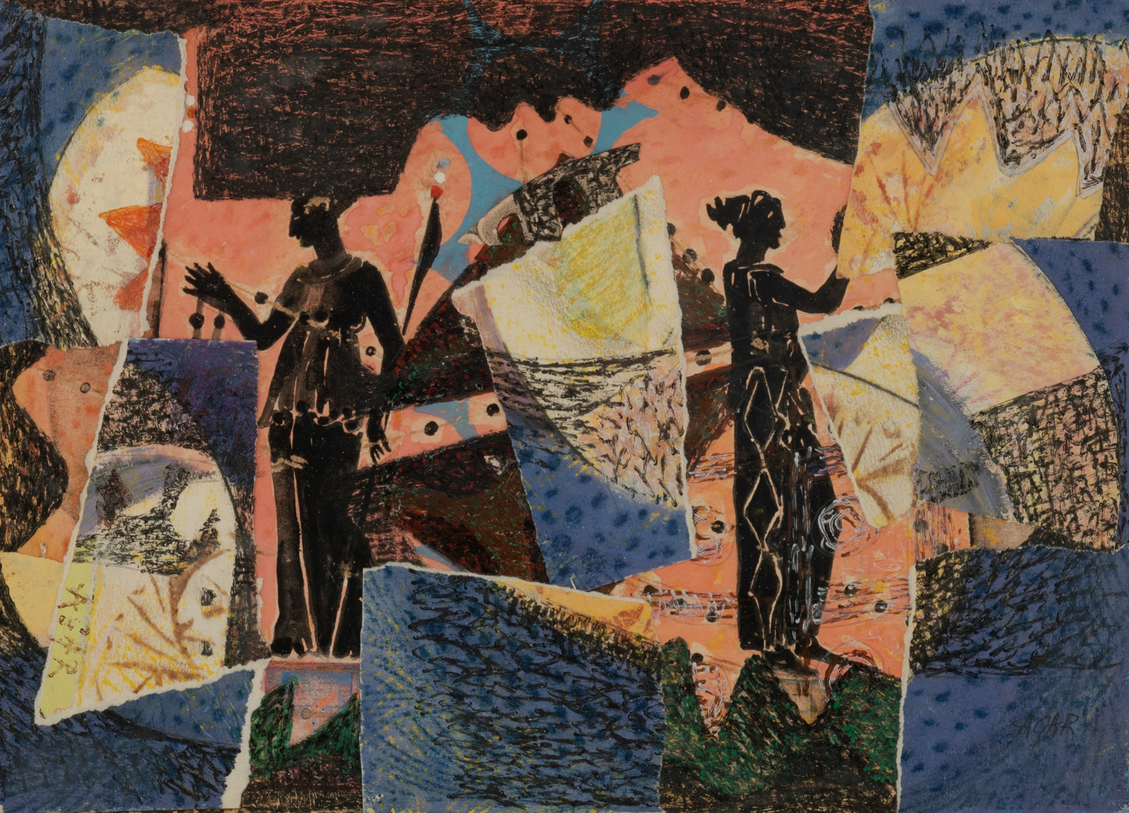 Agar E., figures in a landscape, dated 1944, collage, watercolour and gouache on paper, 25 x 35 cm I