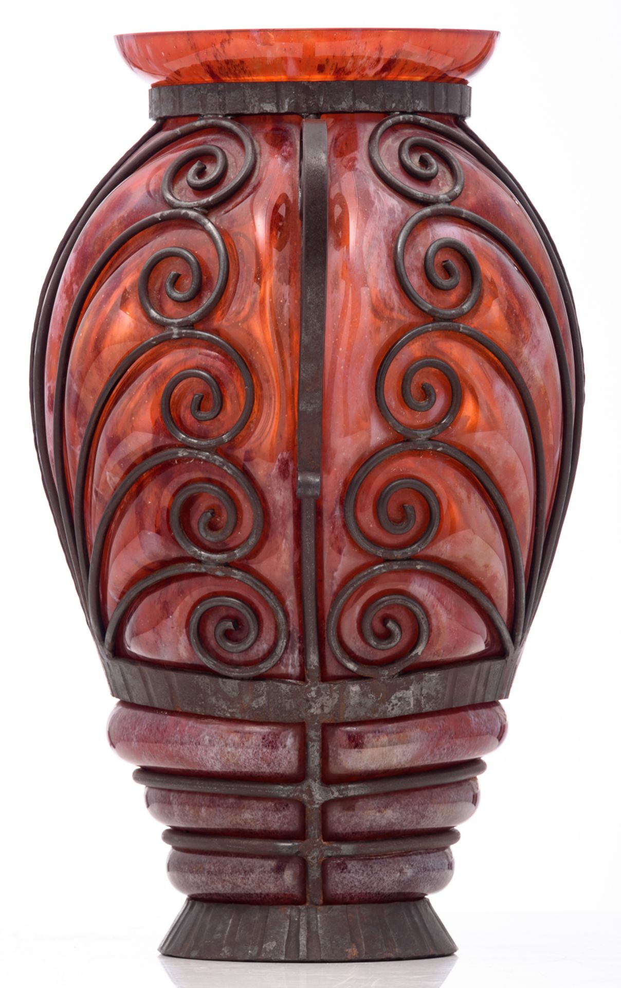 A Wiener Sezession style glass vase with wrought iron mounts, H 36 cm - Image 2 of 6