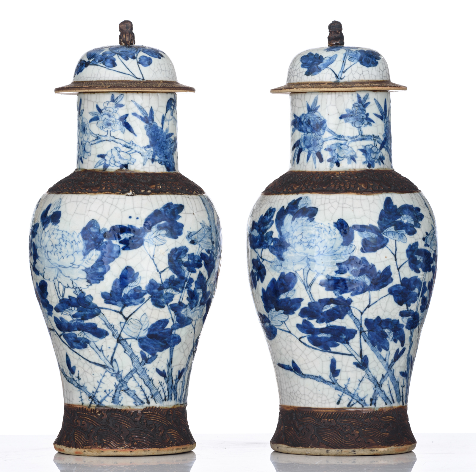 A pair of Chinese blue and white stoneware vases and covers, decorated with flowers and birds, marke - Image 4 of 10