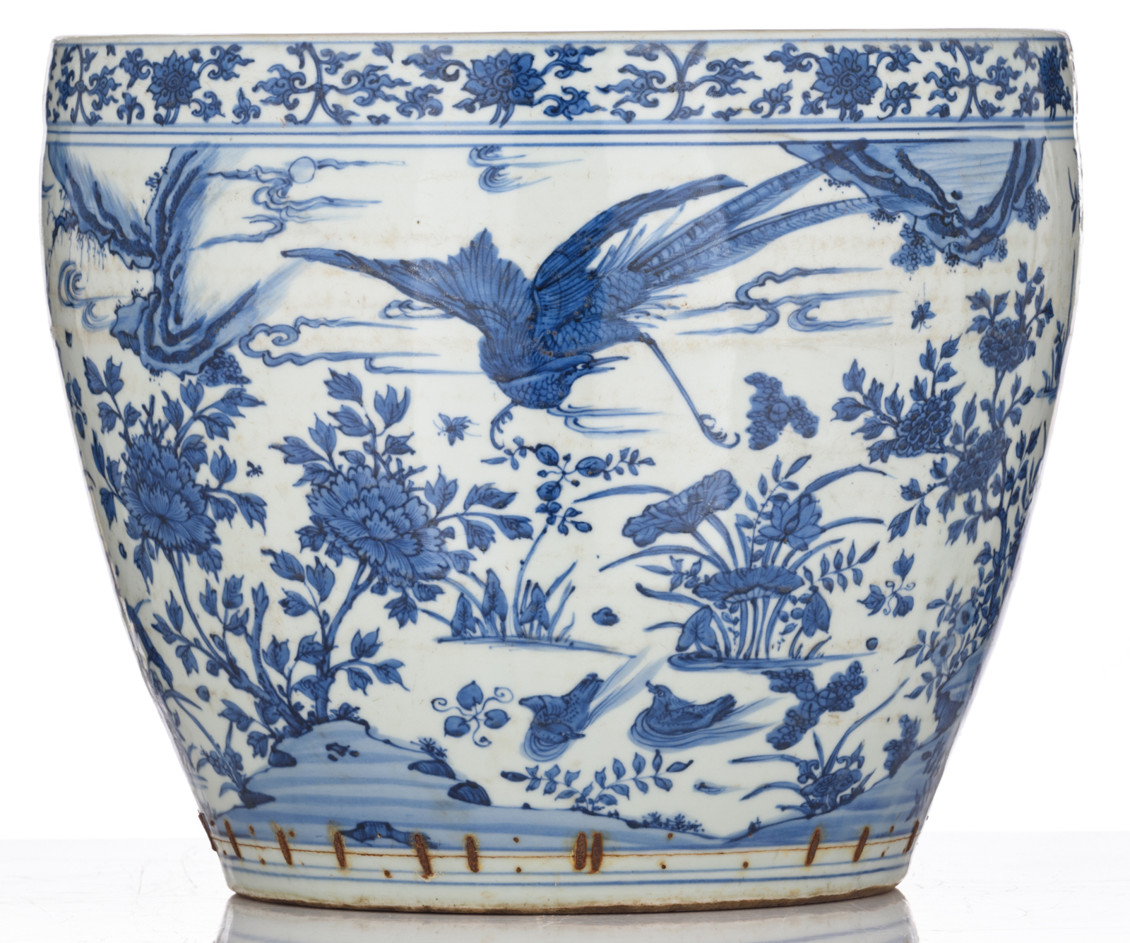 A Chinese blue and white jardiniere, all-over decorated with flowers and birds in a river landscape, - Image 2 of 7