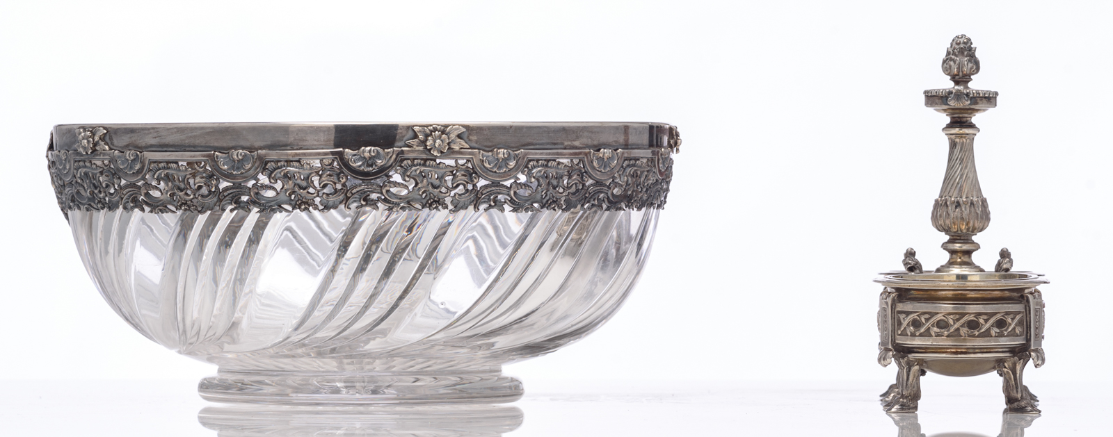 A crystal bowl with a Rococo Revival silver mount, indistinctly hallmarked, makers mark J.M.; added: - Image 5 of 18