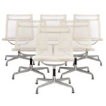 A set of six Vitra aluminium EA105 Eames chairs with net weave white upholstery, serial number 938-1