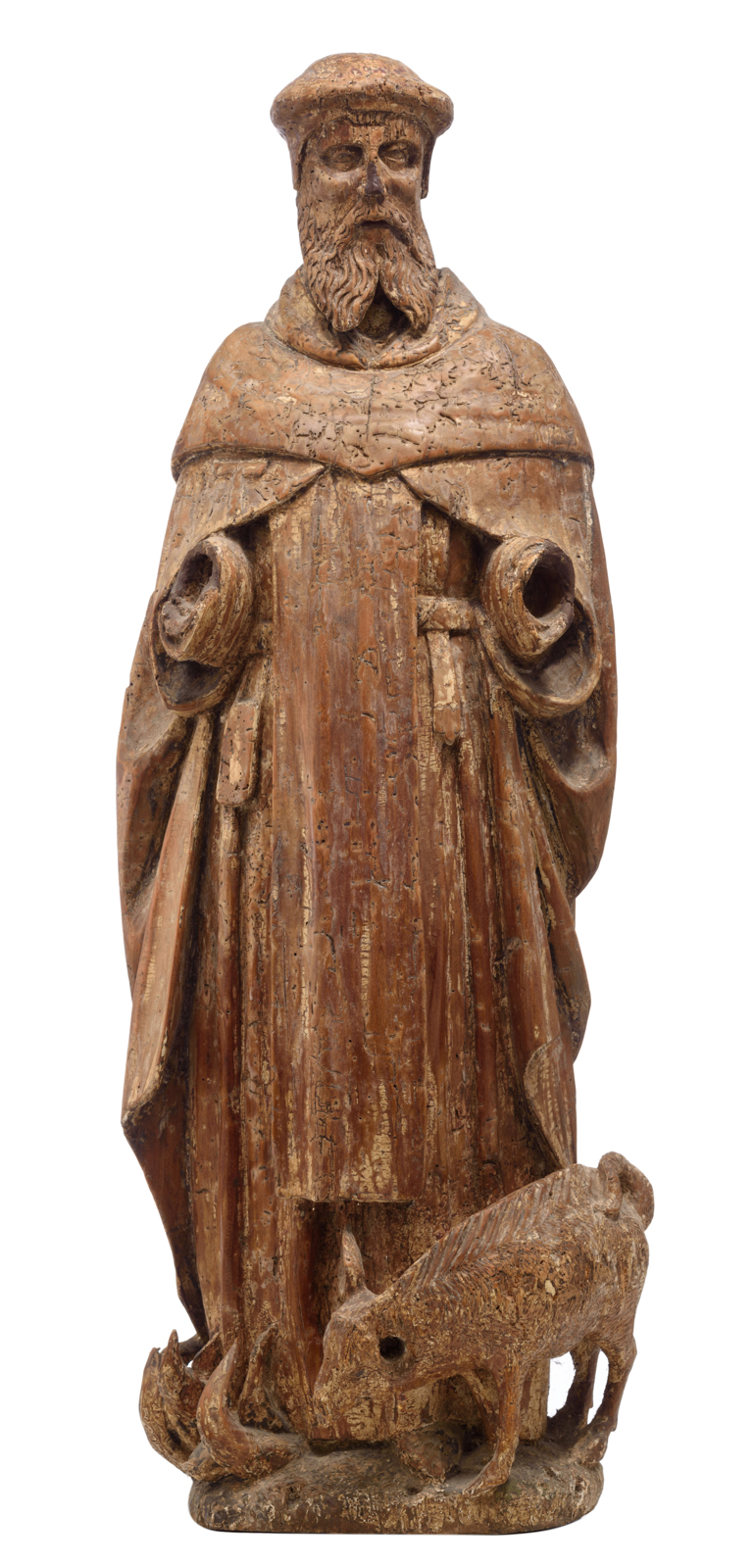 A limewood sculpture of Saint Anthony of Egypt, with traces of polychrome paint, 16thC, probably Sou