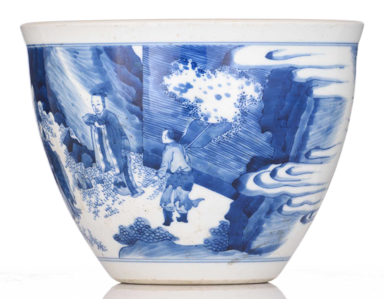 A Chinese transitional type blue and white jardiniere, decorated with figures, on a matching hardwoo - Image 4 of 9