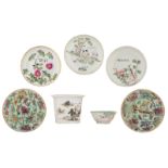 Five Chinese polychrome and famille rose dishes, a ditto octagonal bowl and a jardiniere, 19th/20thC