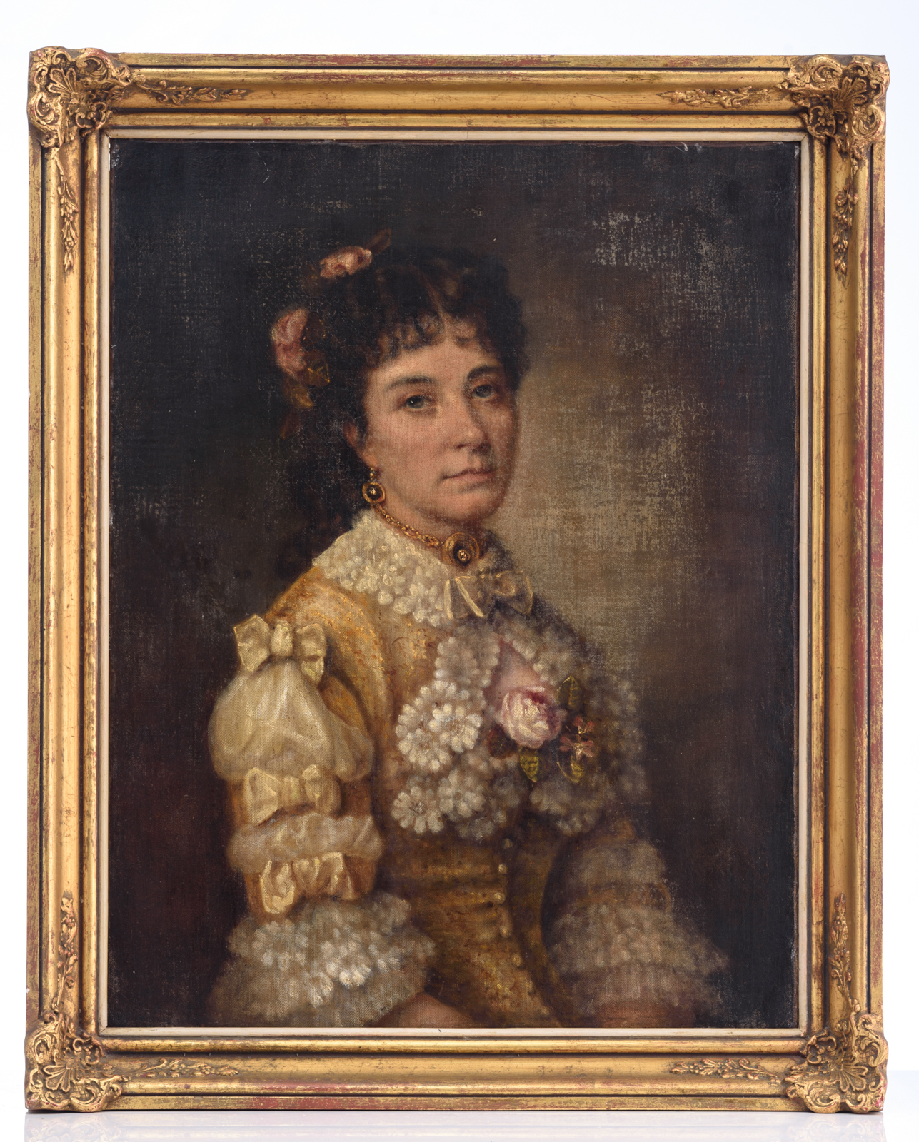 No visible signature, the portrait of a noble young lady, 19thC, oil on canvas, 56 x 73 cm - Image 2 of 3