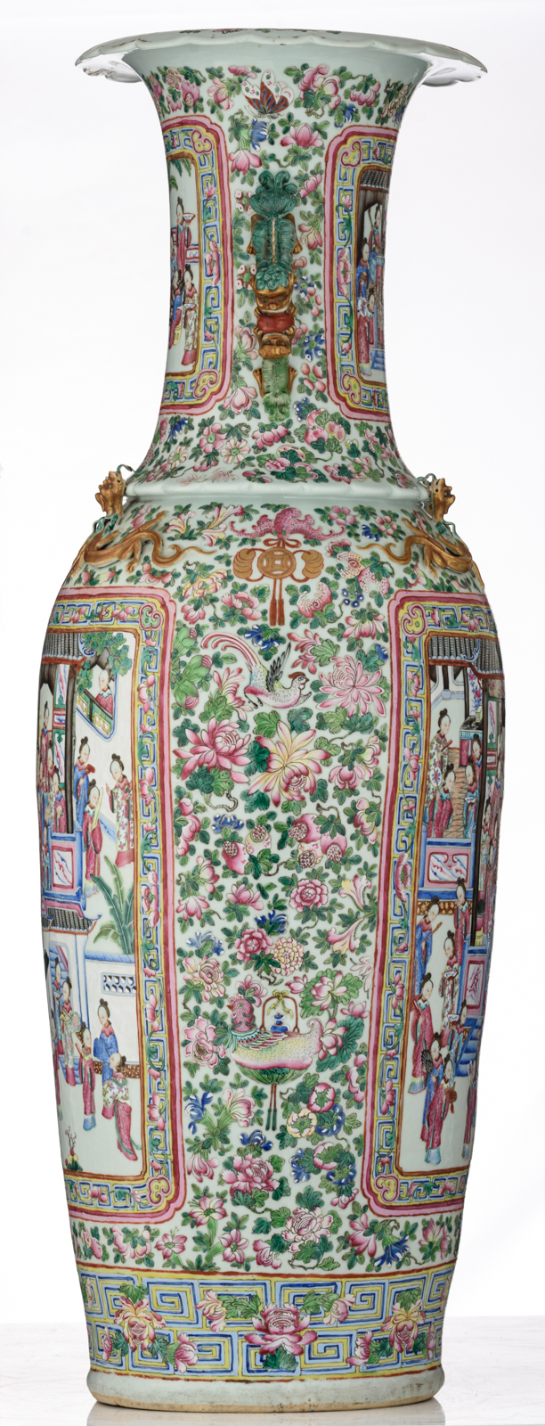 A large and imposing Chinese relief decorated famille rose vase, the roundels with court scenes, 19t - Image 4 of 6