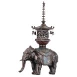 An Oriental champlevé enamel bronze elephant, carrying a pagoda, marked, 19th/20thC, H 84,5 - W 49,5
