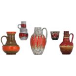 A collection of five vintage red glazed West Germany Fat Lava pottery vases, mid-century, H 12 - 38