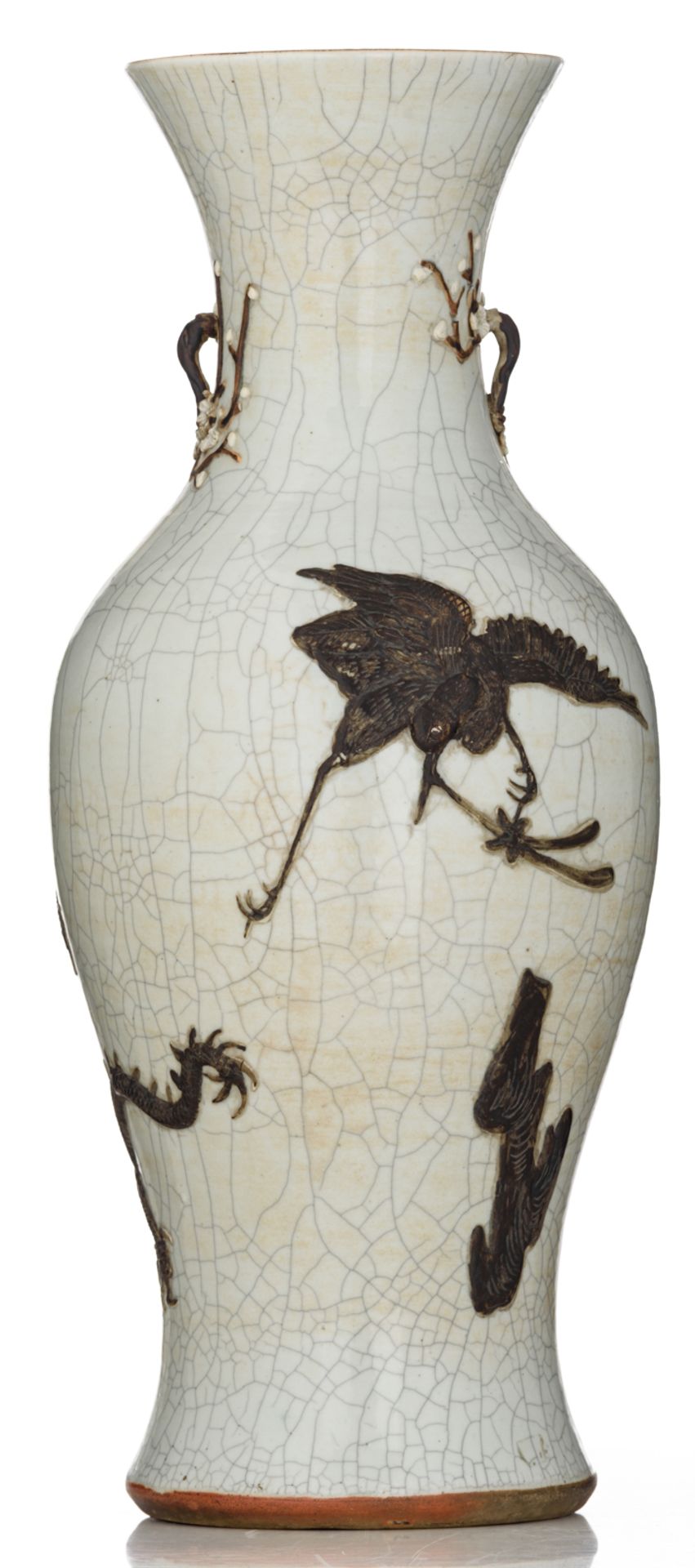 A Chinese relief crackleware vase, decorated with a crane and two dragons, chasing the flaming pearl - Bild 3 aus 7