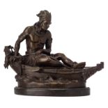 Duchoiselle, a hunting Indian on a canoe, patinated bronze on a noir Belge marble base, H 27,5 - 30,