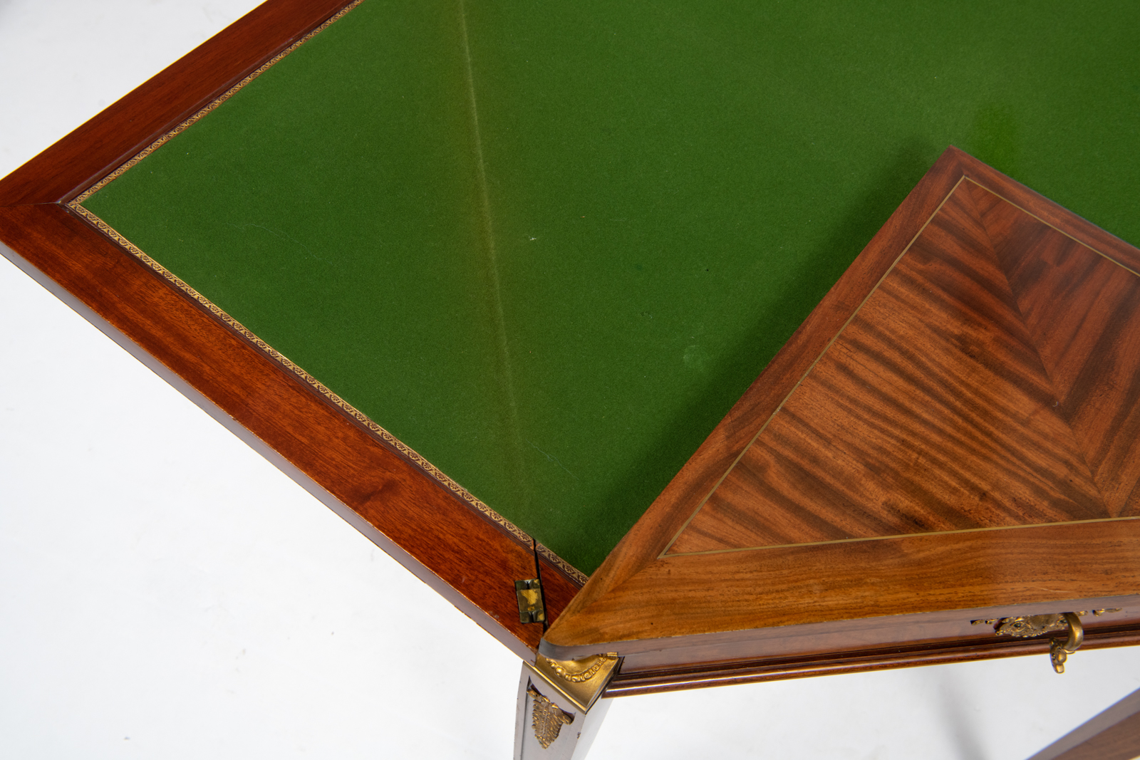 A fine French Empire style mahogany veneered folding playing table with gilt bronze mounts, brass in - Image 10 of 10