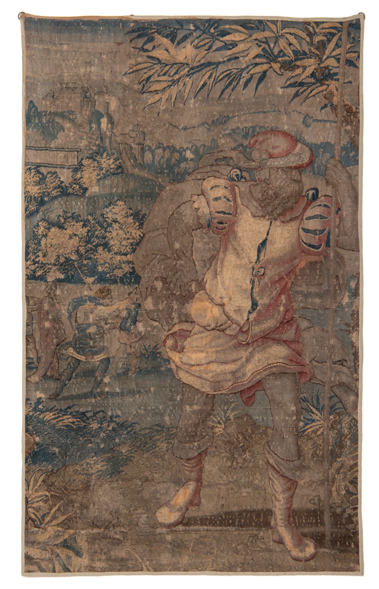 A fragment of a Flemish wall tapestry depicting fleeing figures, probably from a Brussels workshop,