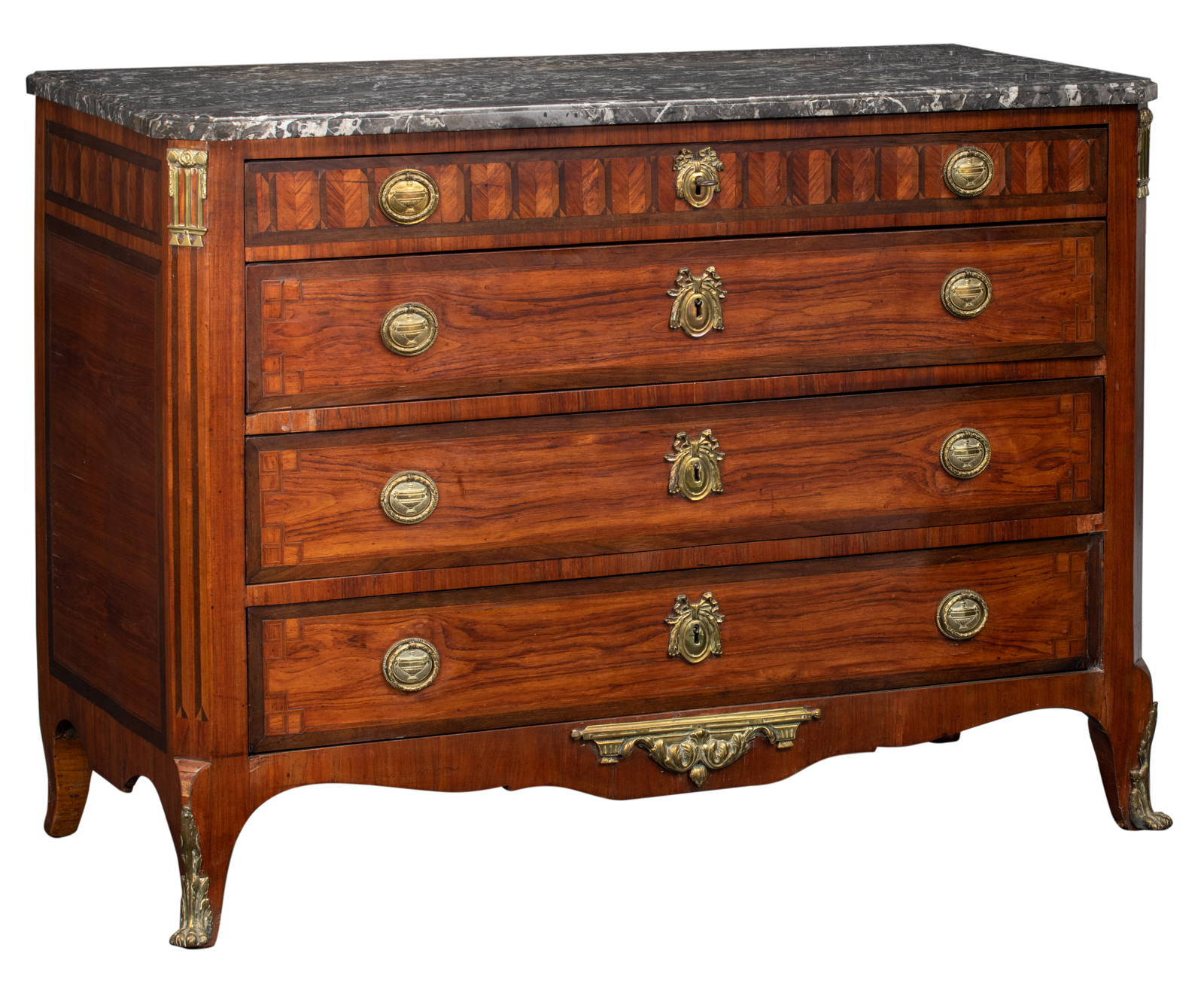 A Louis XVI rosewood and rosewood parquetry veneered chest of drawers with brass mounts and a gris S