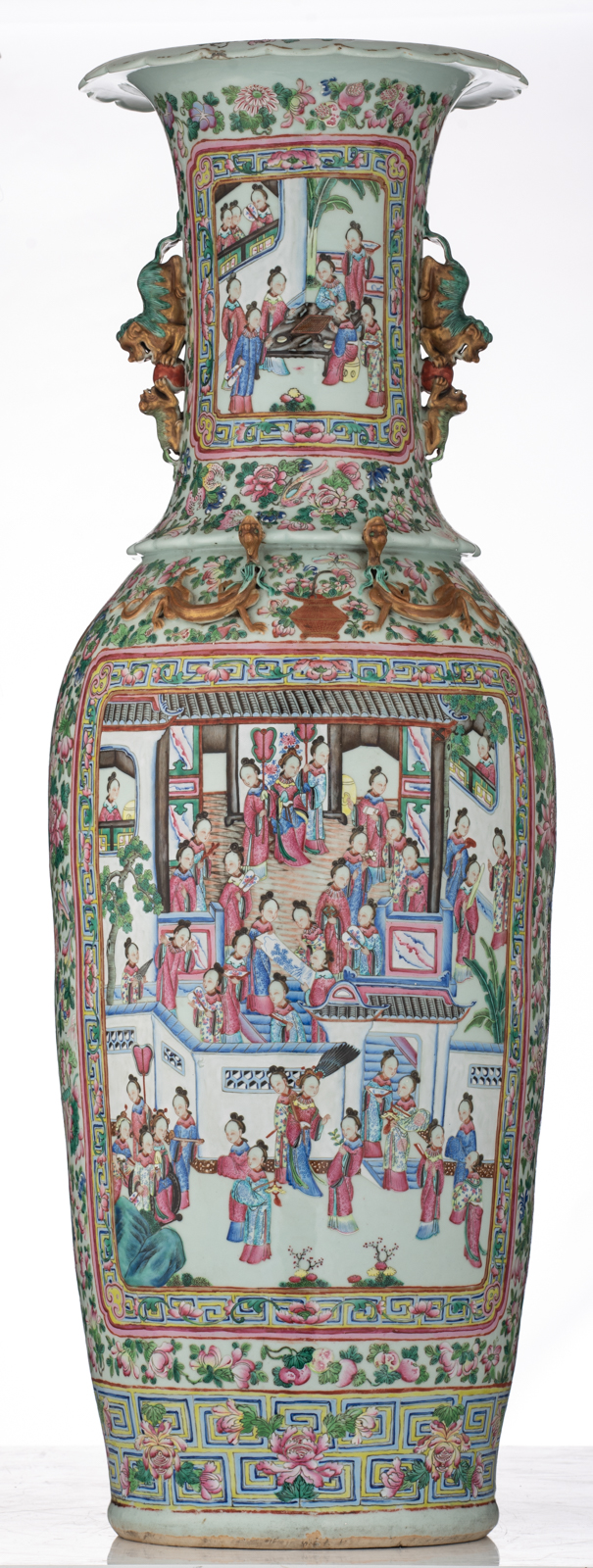 A large and imposing Chinese relief decorated famille rose vase, the roundels with court scenes, 19t - Image 3 of 6