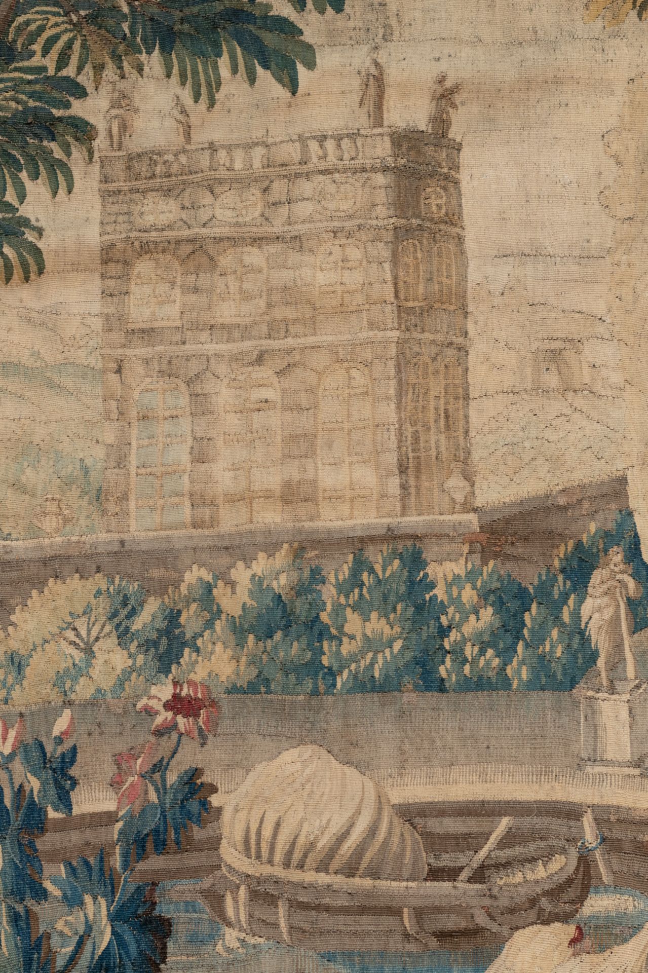 A large verdure wall tapestry, decorated with flamingos in Renaissance garden setting, wool and silk - Image 6 of 8