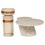 An Art Deco inspired travertine and plaster cache-pot on its stand, decorated with gilt ornaments, i