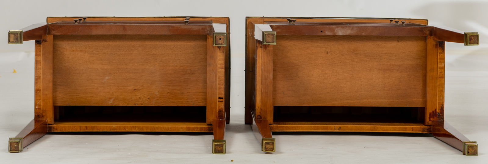 A pair of Neoclassical mahogany veneered side tables, with brass mounts and a gris Ste Anne marble t - Image 7 of 8