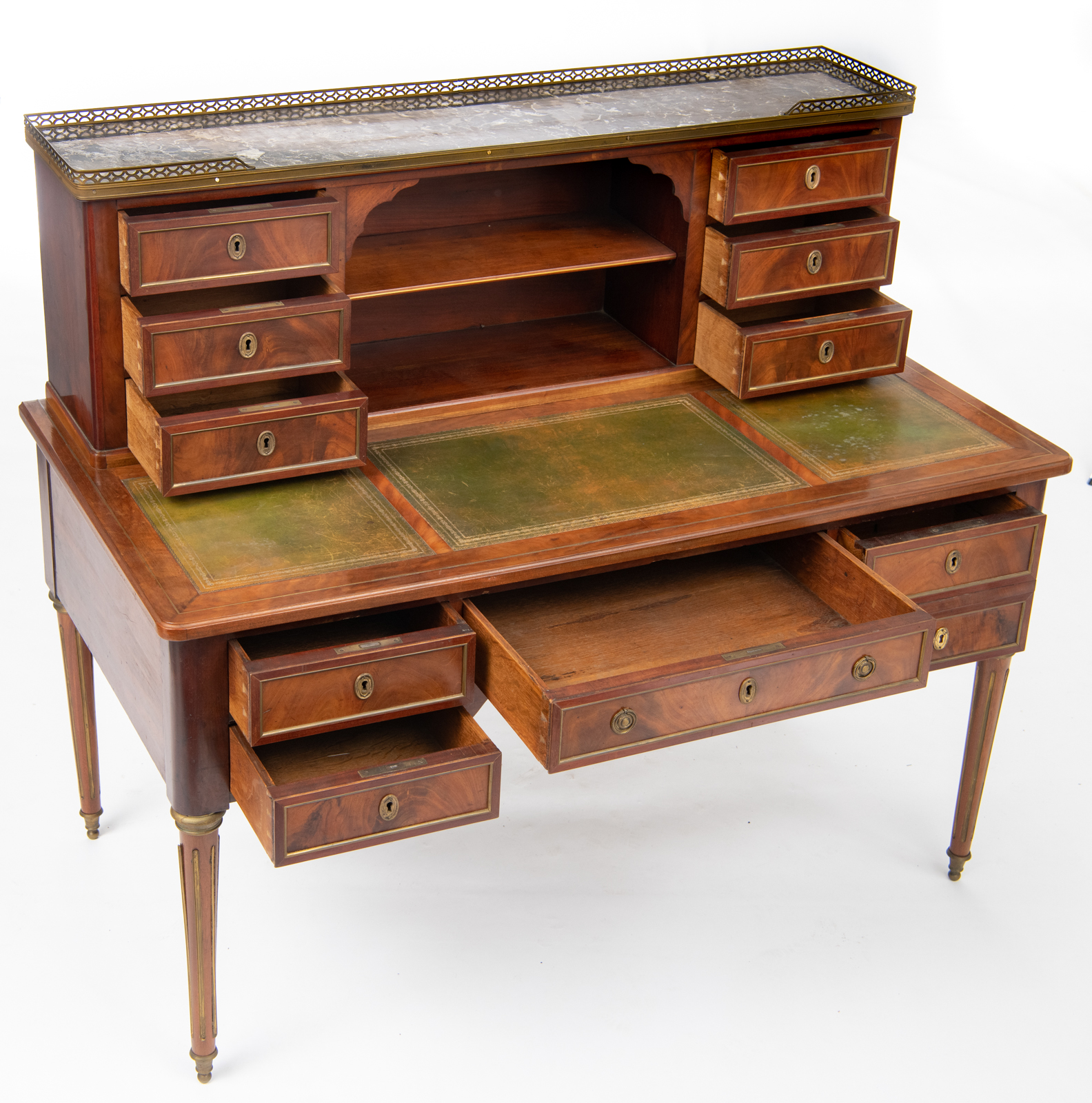 A Louis XVI style mahogany and rosewood 'bureau à gradin' with brass mounts and inlay banding, leath - Image 6 of 6