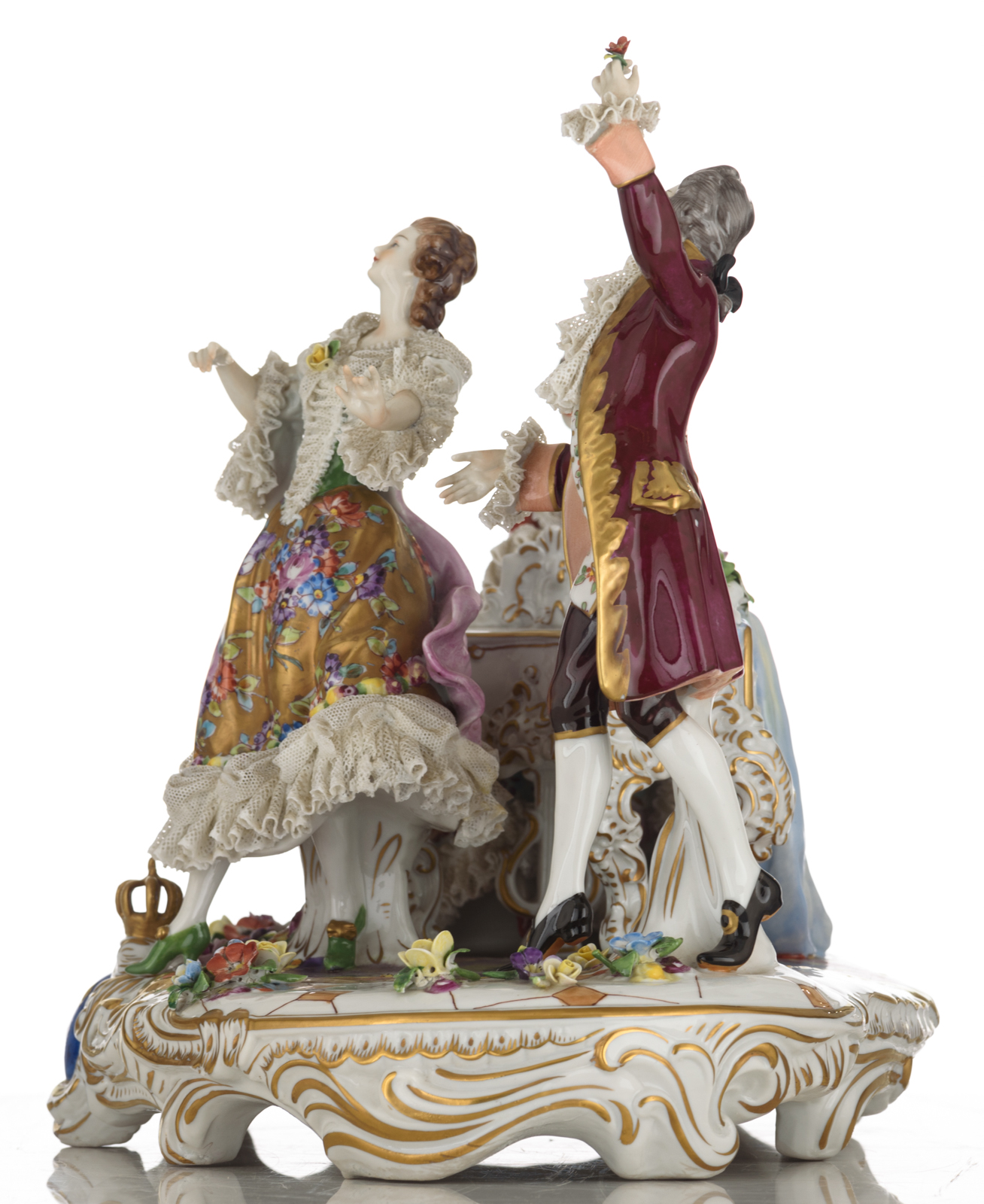 A collection of four polychrome painted Saxony figure groups, consisting of: a piano playing lady an - Image 3 of 15