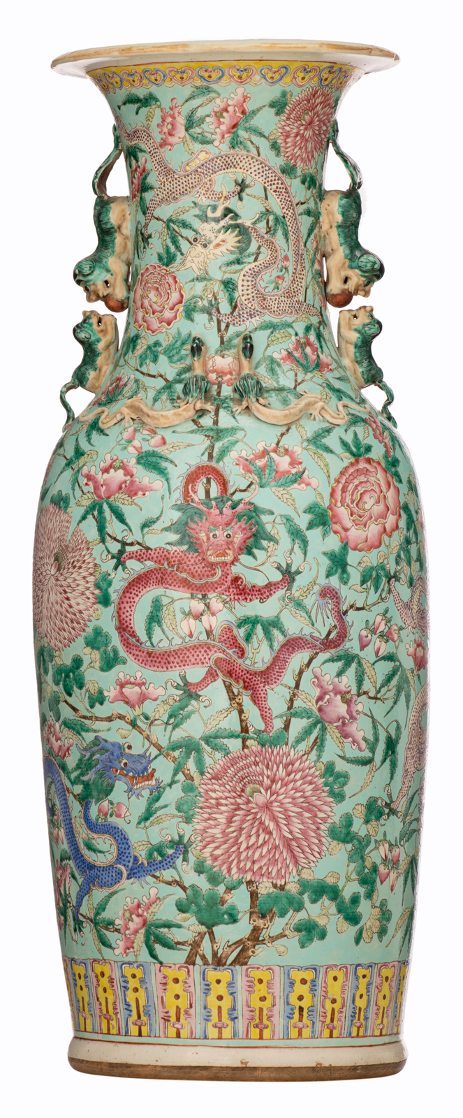 A  large Chinese turquoise ground and polychrome vase, decorated with dragons and flowers, 19thC, H