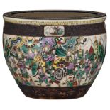 A Chinese famille rose stoneware jardiniere, decorated with warrior scenes, the inside with fish, 19