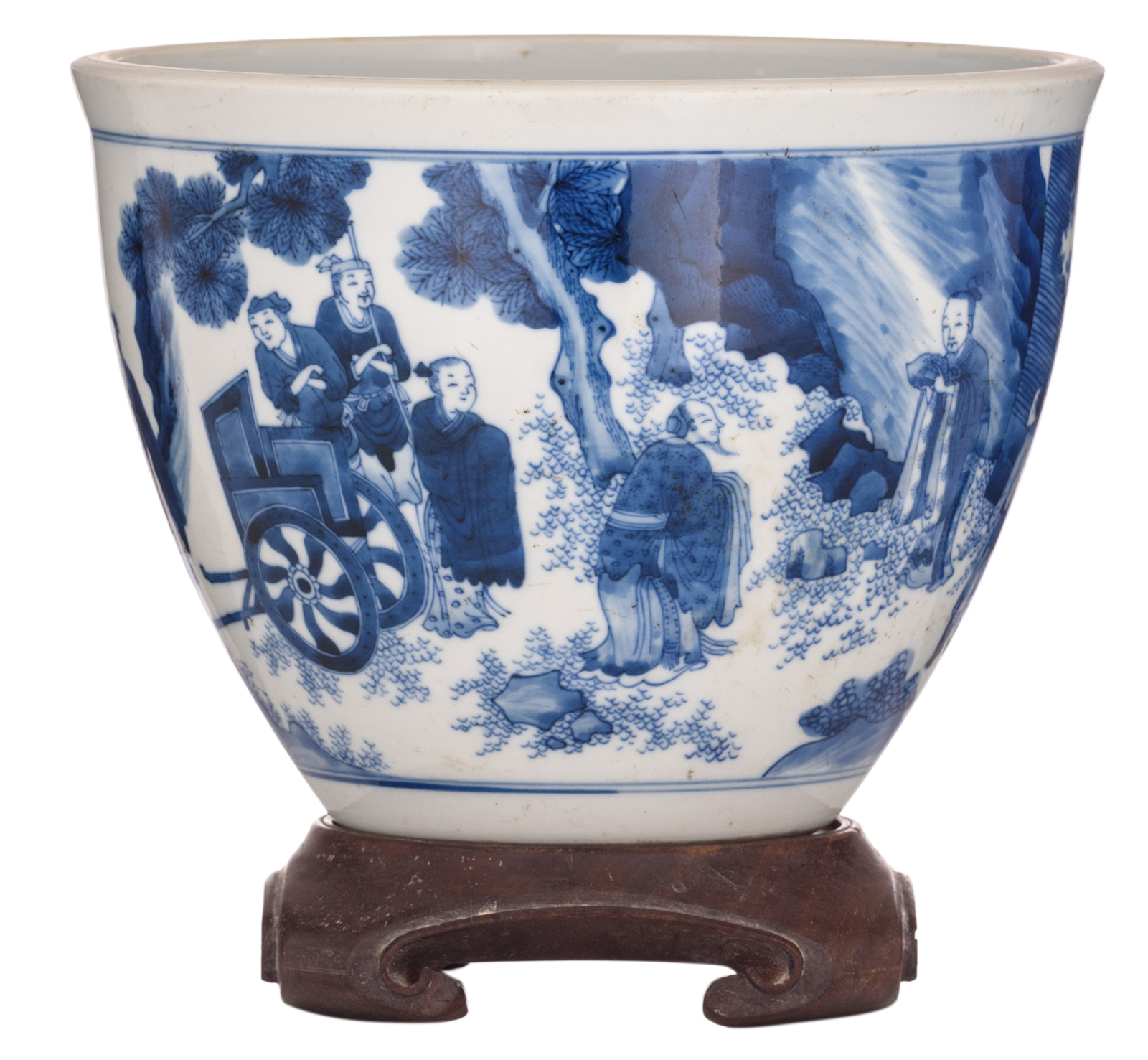 A Chinese transitional type blue and white jardiniere, decorated with figures, on a matching hardwoo