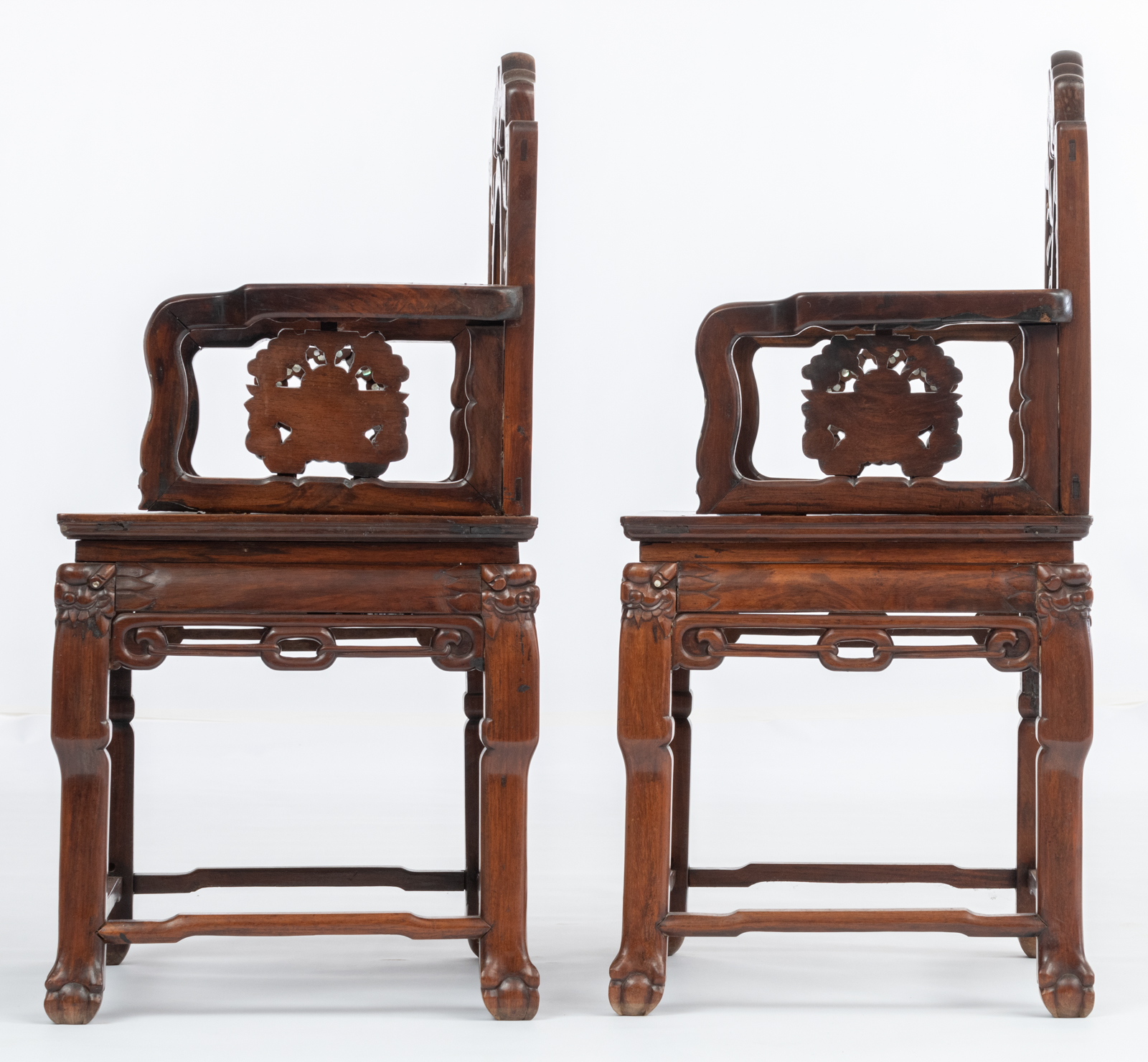 A Chinese rosewood furniture set, with inlaid marble plaques and mother-of pearldecoration, consisti - Image 3 of 16