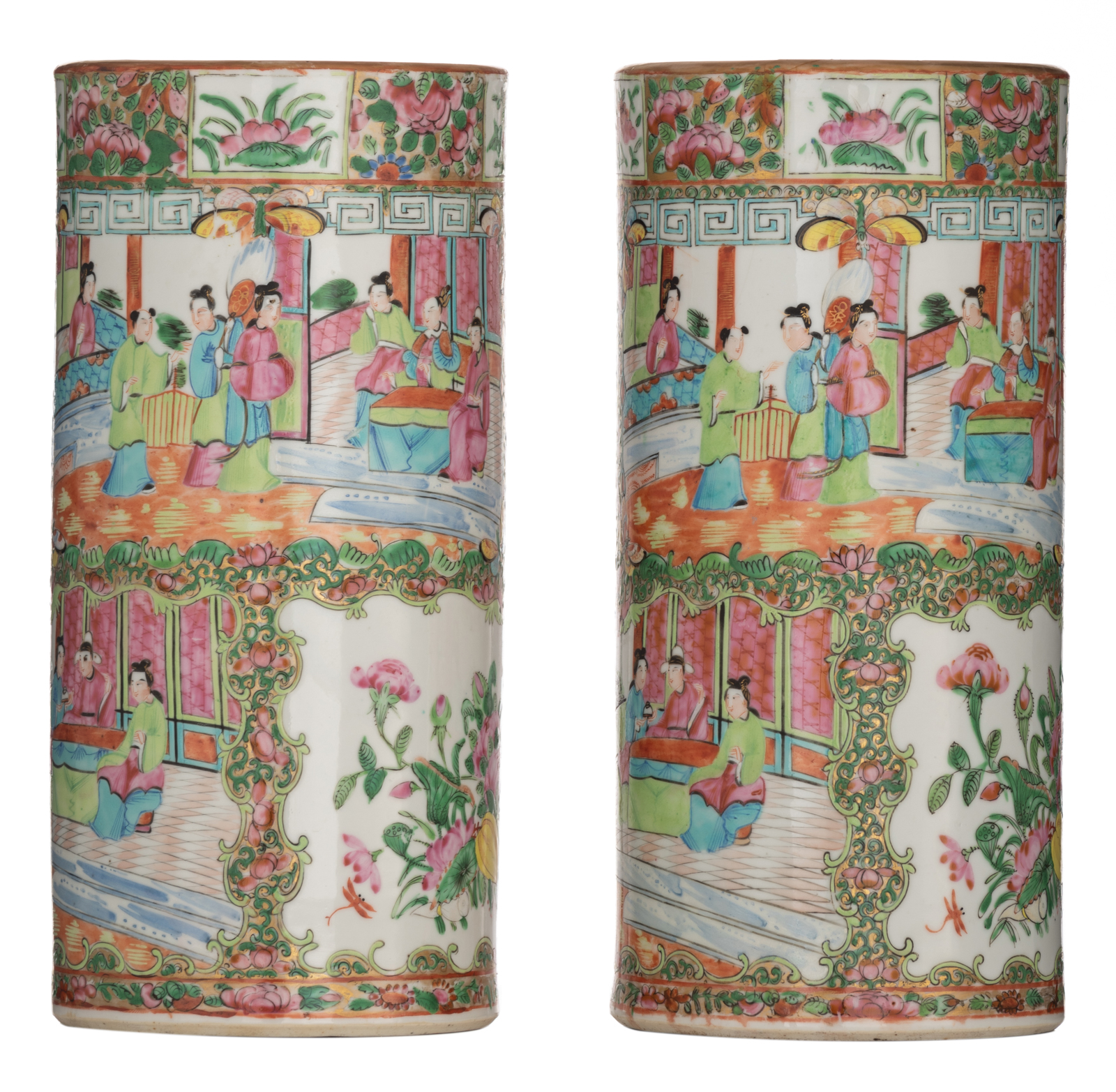 Two Chinese Canton cylindrical vases, decorated with birds and animated scenes, H 31 cm