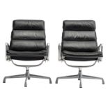 A pair of black leather soft pad upholstered 'EA 216' lounge chairs, design by Eames for Herman Mill