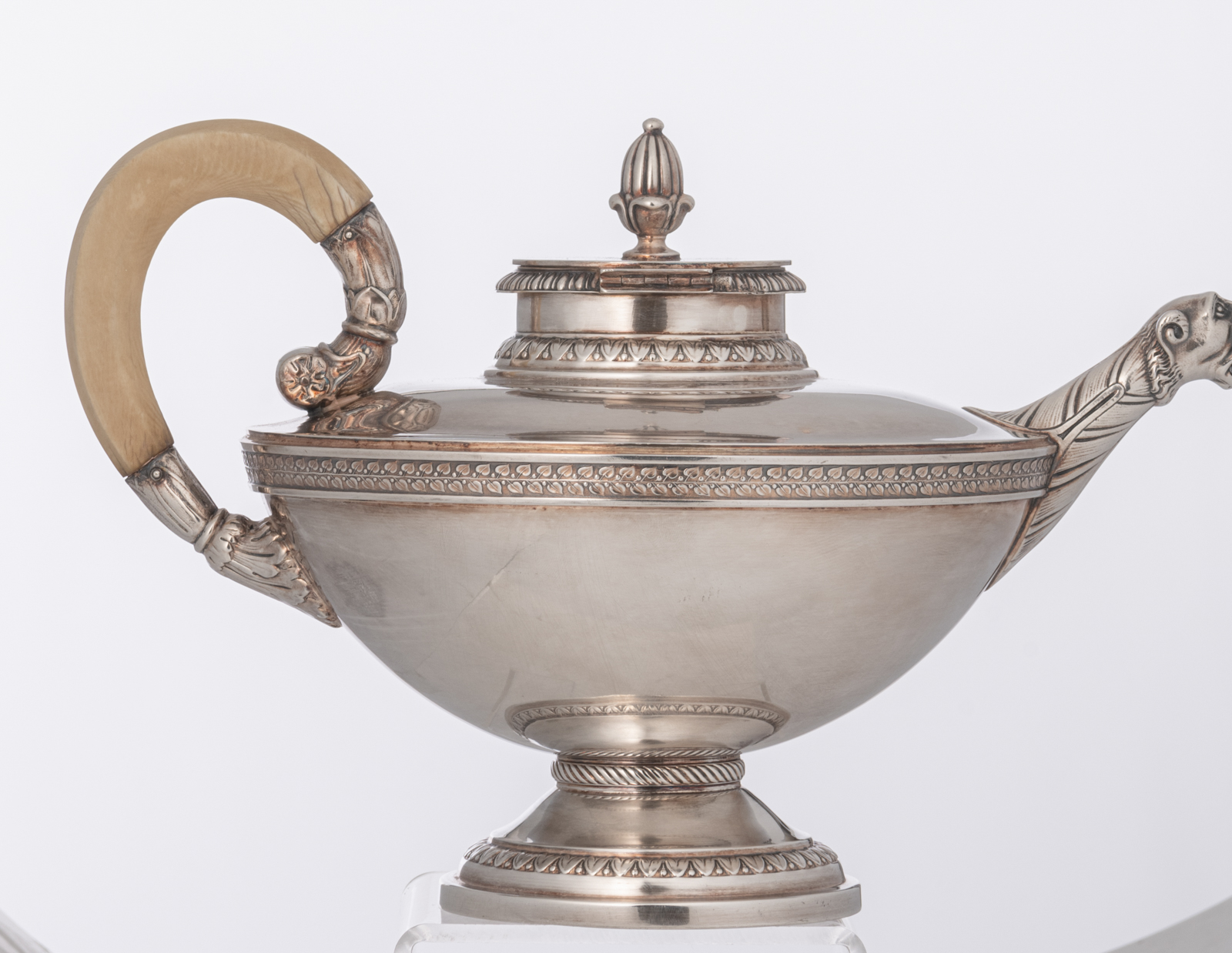 A German four-piece Neoclassical silver 925/000 coffee and tea set with ivory handles, on a matching - Image 6 of 34