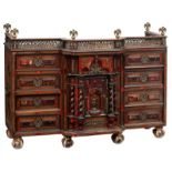 An Italian walnut cabinet decorated with rosewood, cherry wood and tortoiseshell marquetry and bronz