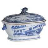A Chinese blue and white tureen and cover, decorated with figures in a river landscape, 18thC, H 22,
