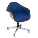 A 'PACC' office chair, blue hopsack on a white fibreglass shell, design by Eames for Herman Miller,